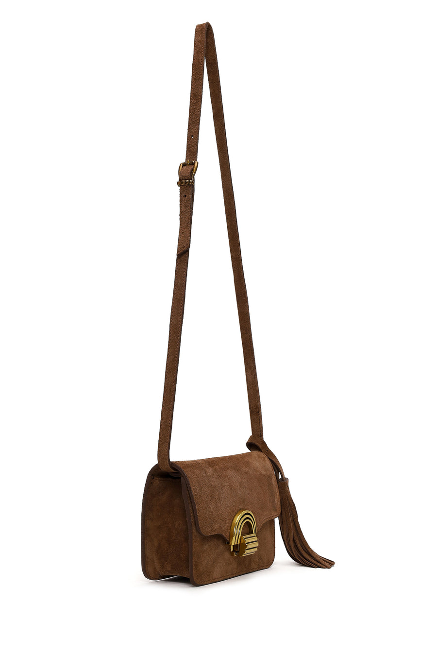 Woman Tan Long-Strap Suede Crossbody Bag