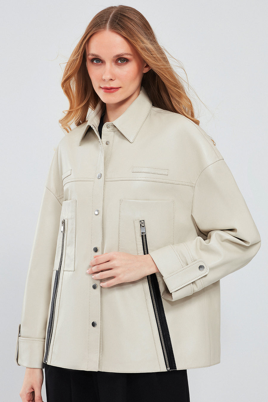 Farrah Women's Beige Oversize Leather Jacket