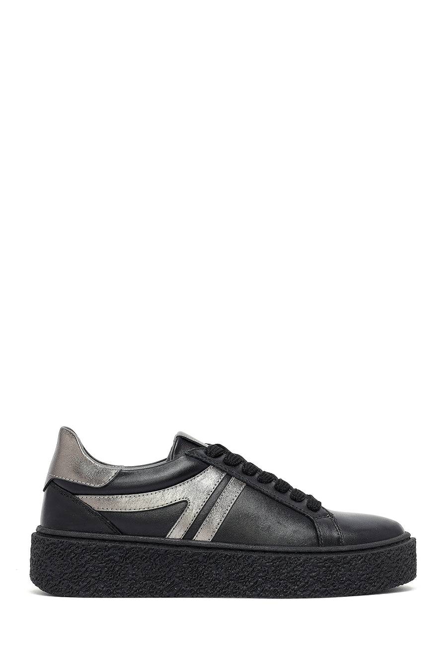 Woman Black Lace-Up Thick Sole Leather Sneakers 25AFD511118 | Derimod