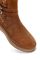 Woman Tan Zippered Suede Leather Teddy Bot | Derimod