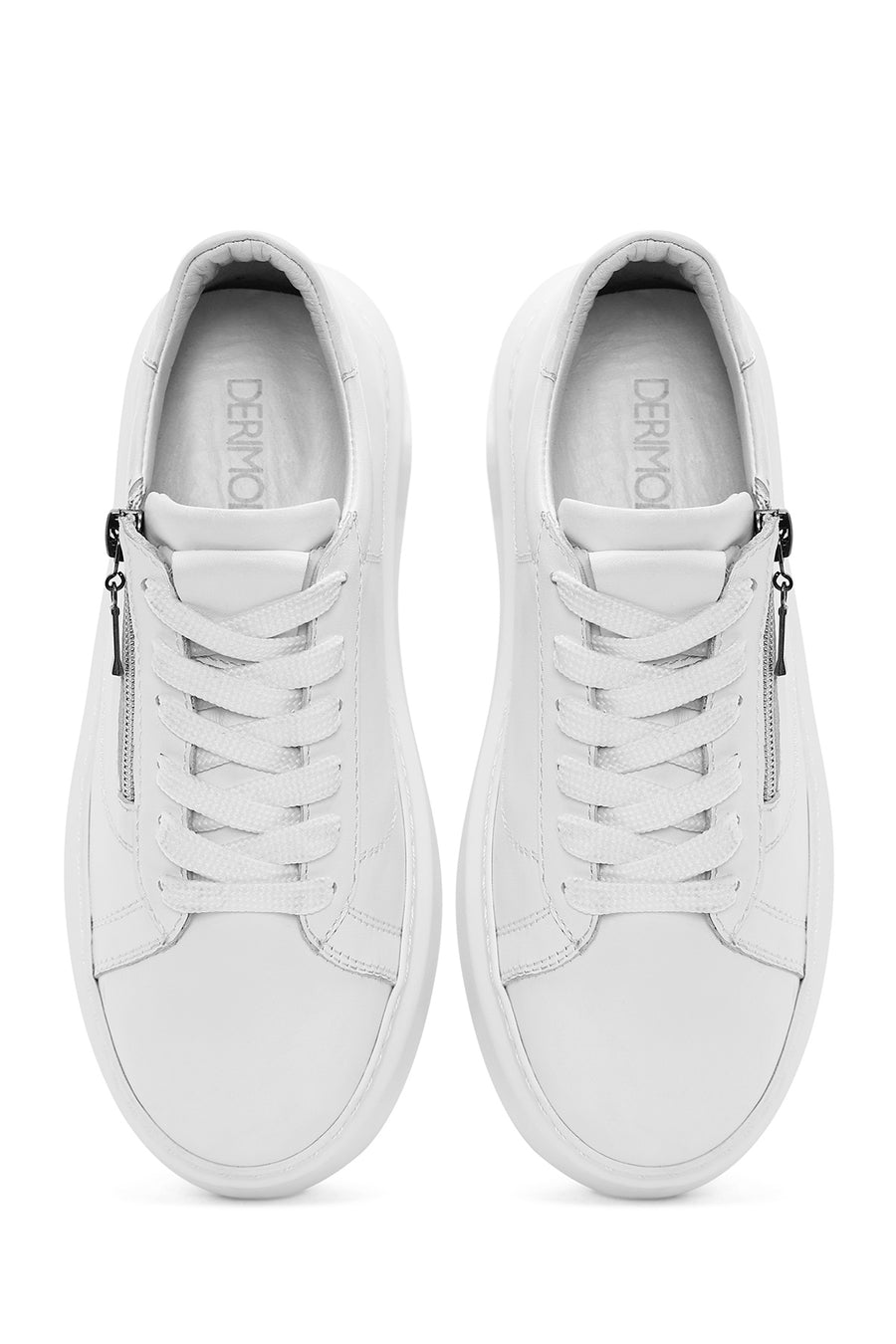 Women's White Zippered Lace-Up Thick-Sole Leather Sneakers