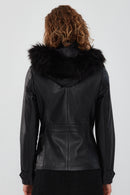 Elenor Women's Black Hooded Fur Leather Jacket | Derimod