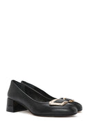 Women's Black Buckle Detailed Low Thick Heel Leather Shoes | Derimod