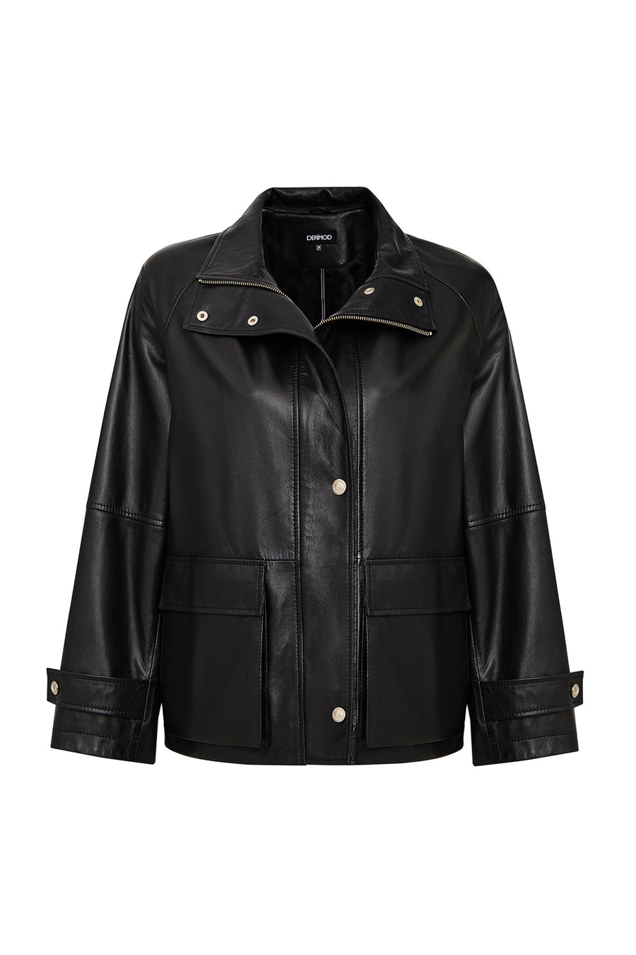 Fancy Women's Black Slant Collar Oversize Leather Coat