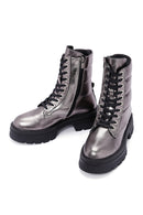 Women's Grey Zippered Metallic Leather Combat Boots | Derimod