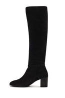 Woman Black Thick-Heeled Suede Boots | Derimod