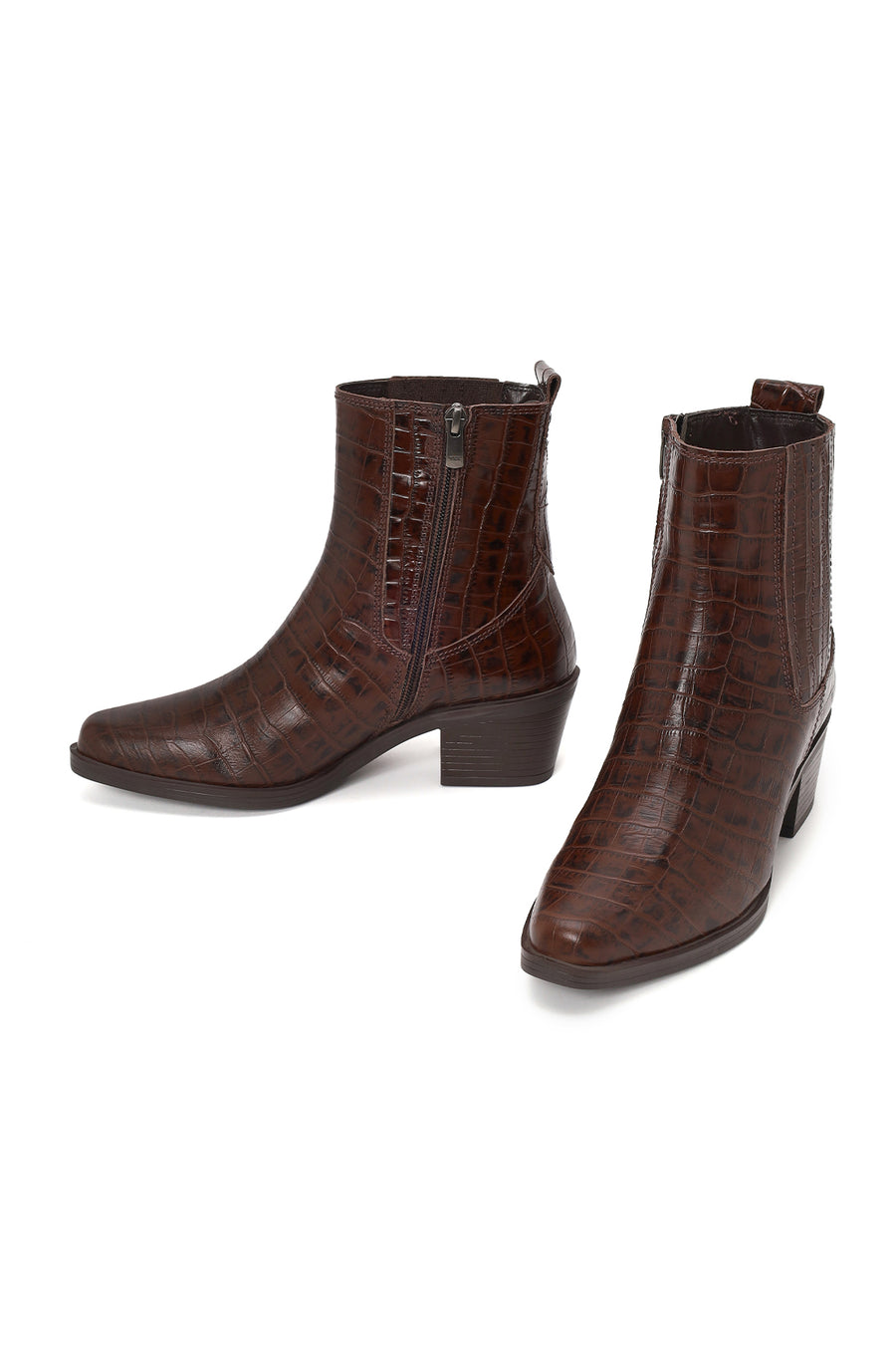 Woman Brown Thick-heeled Croc-embossed Leather Cowboy Boots