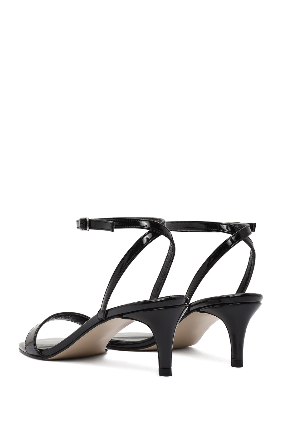 Women's Black Ankle Buckle Low Thin Heel Patent Leather Sandals