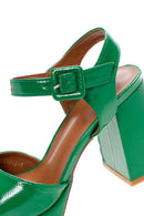 Women's Green Patent Leather Thick Heeled Sandals | Derimod