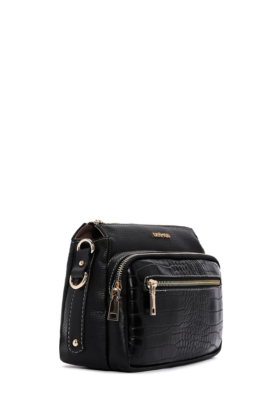 Women's Black Long Strap Patterned Crossbody Bag
