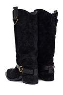 Woman Black Thick-Heeled Suede Leather Cowboy Boots | Derimod