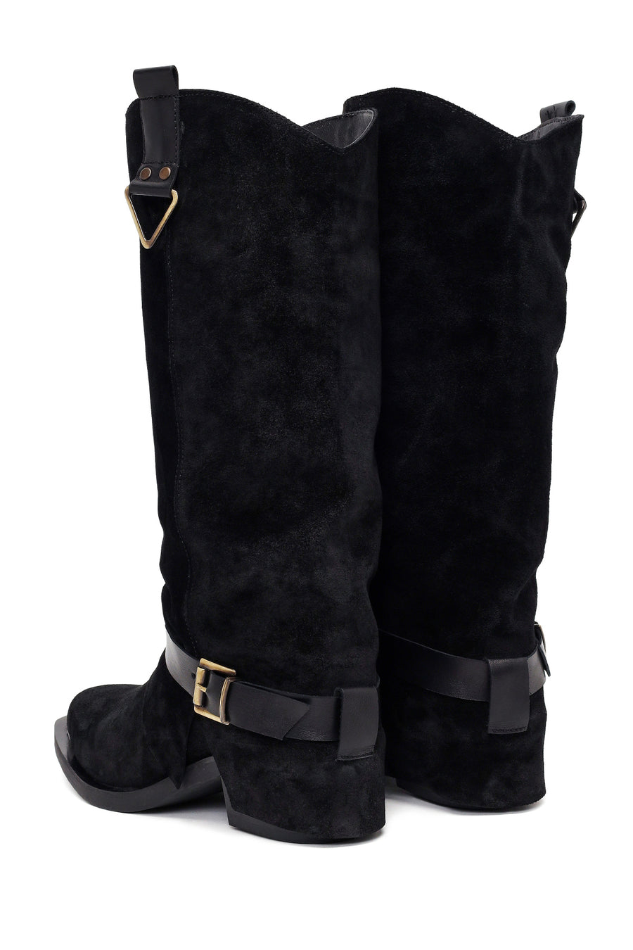 Woman Black Thick-Heeled Suede Leather Cowboy Boots