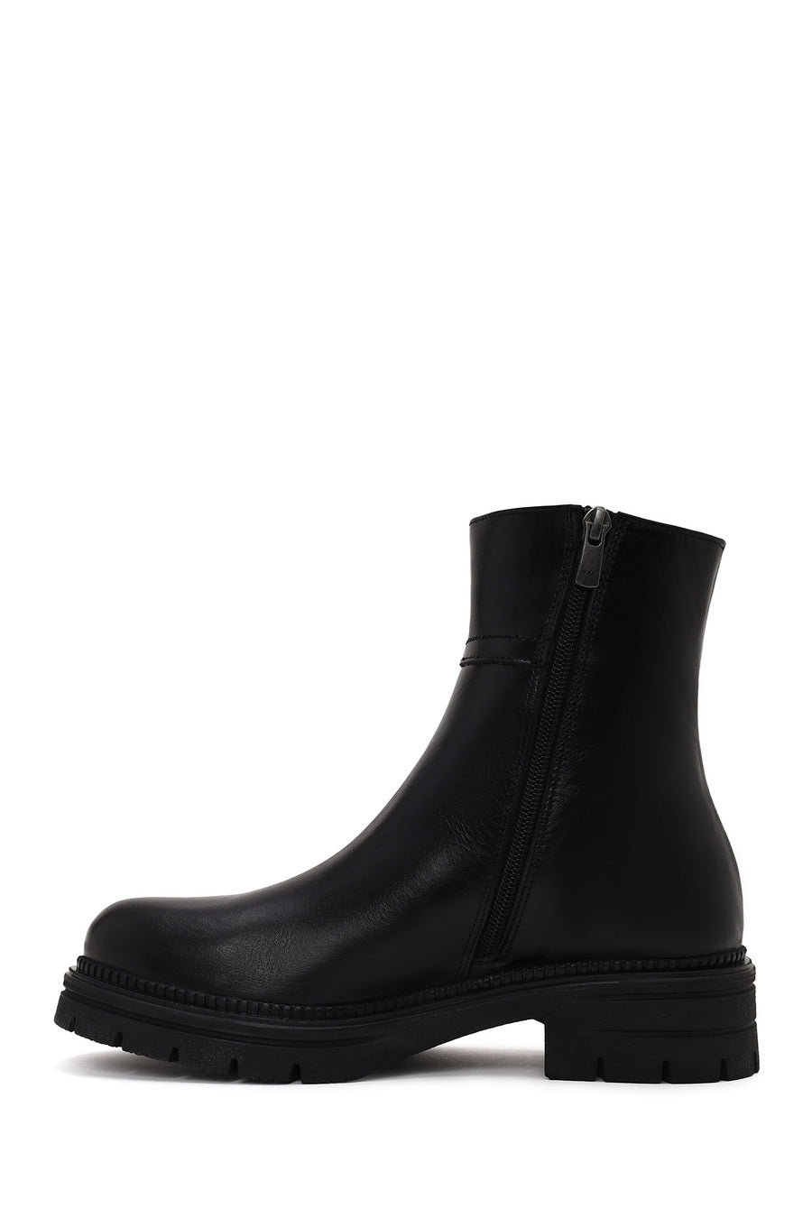 Woman Black Zip Closure Thick-Soled Leather Casual Boots