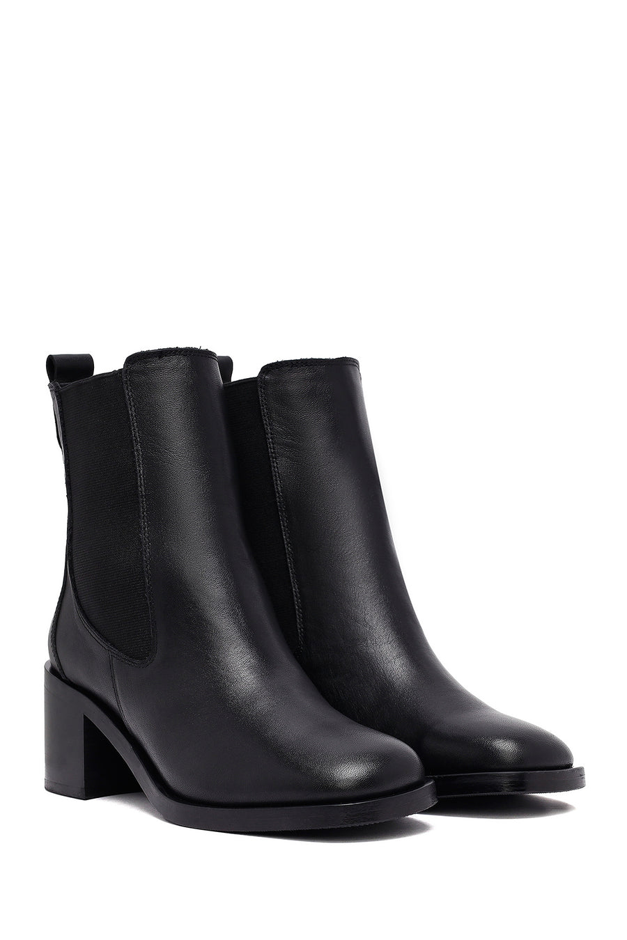 Women's Black Thick Heeled Leather Chelsea Boot