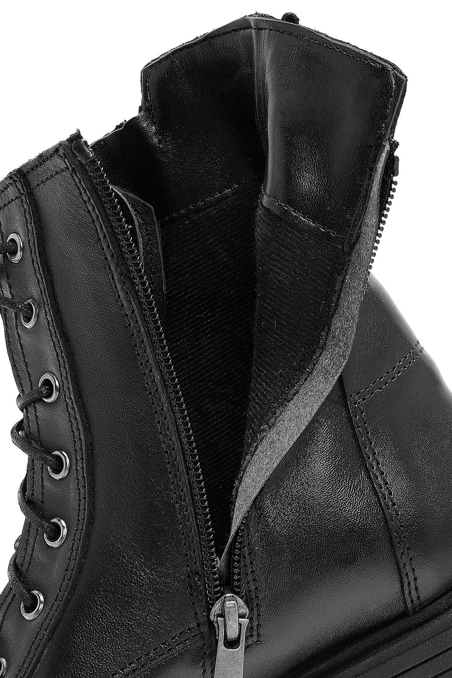 Women's Black Double Zipper Lace-Up Leather Combat Boots