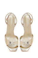 Woman Gold Ankle-Strap Buckled High Thin-Heel Metallic Sandal | Derimod