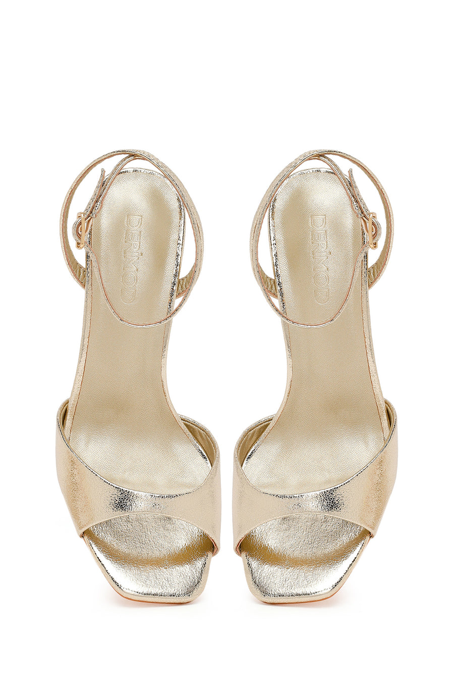 Woman Gold Ankle-Strap Buckled High Thin-Heel Metallic Sandal