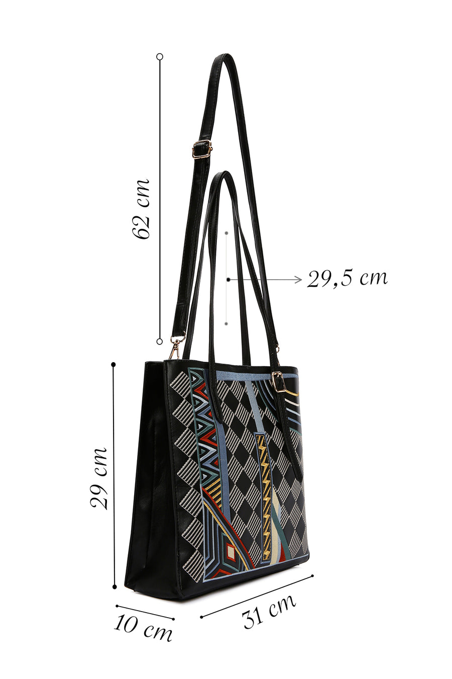Women's Black Patterned Long Strap Shoulder Bag
