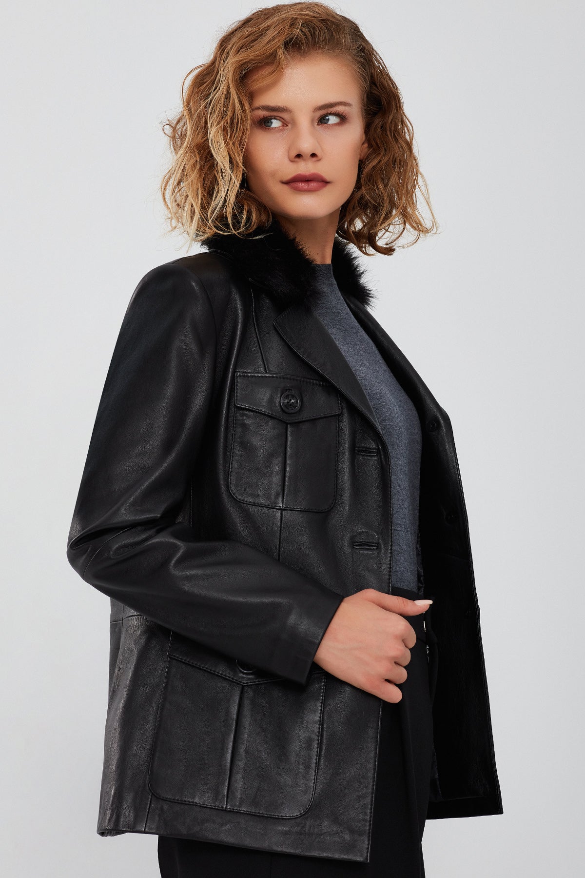 Anais Kadın Siyah Yakası Kürklü Blazer Deri Ceket