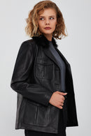 Anais Women's Black Fur Collar Blazer Leather Jacket | Derimod