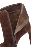 Woman Brown Zip Closure High Thin Heeled Suede Boots | Derimod