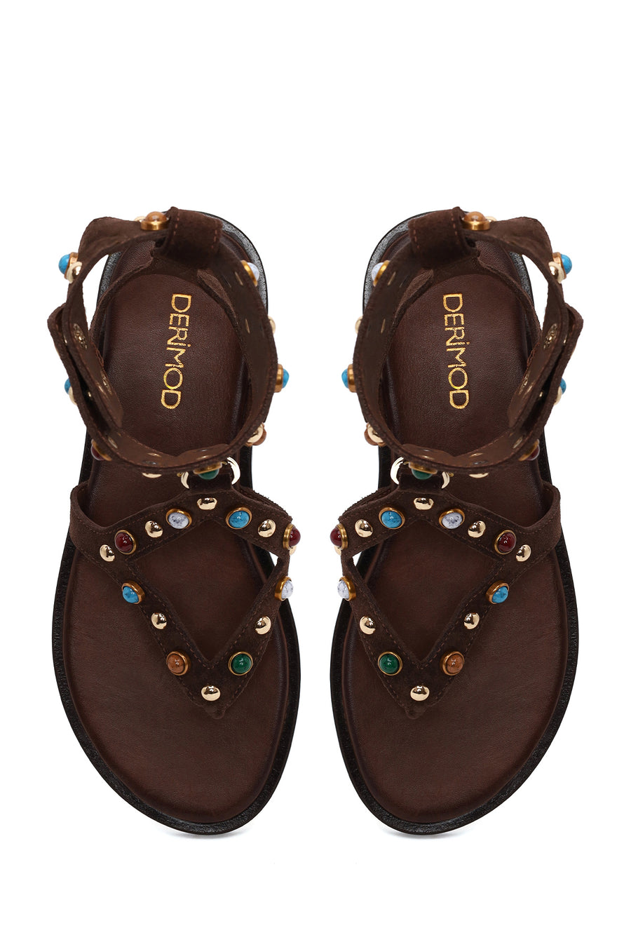 Woman Brown Embellished Toe-Post Suede Leather Sandals