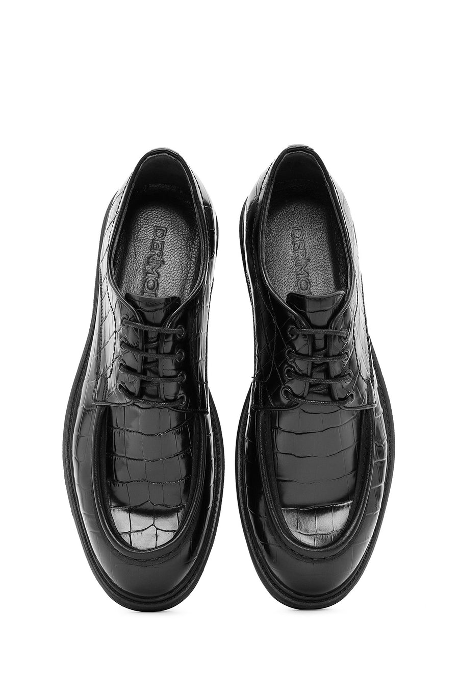 Men's Black Lace-Up Crocodile Patterned Leather Casual Shoes