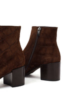 Woman Brown Zip Closure Printed Thick-Heeled Suede Boots | Derimod