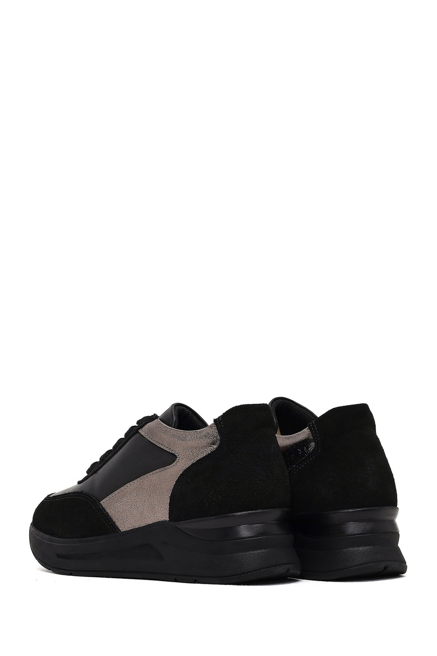 Kadın Siyah Bağcıklı Dolgu Topuklu Deri Sneaker