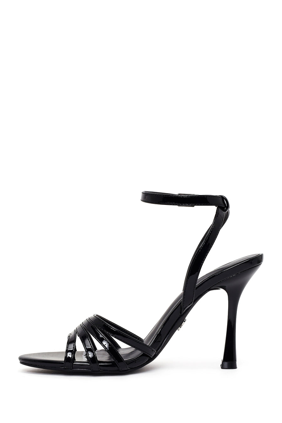 Woman Black Ankle-Buckle Thin High-Heel Patent Leather Sandal