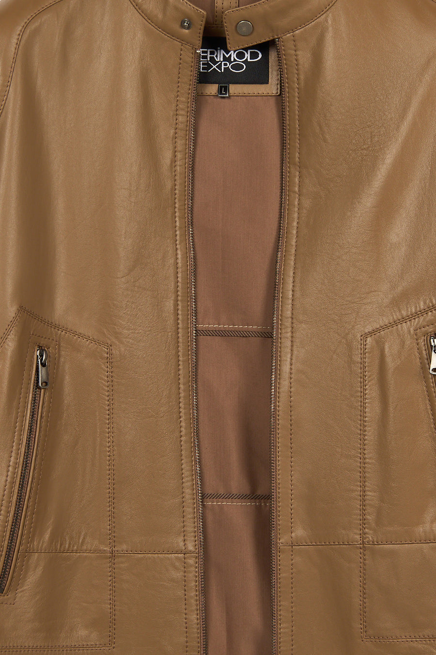 King Male Beige Mandarin Collar Leather Jacket