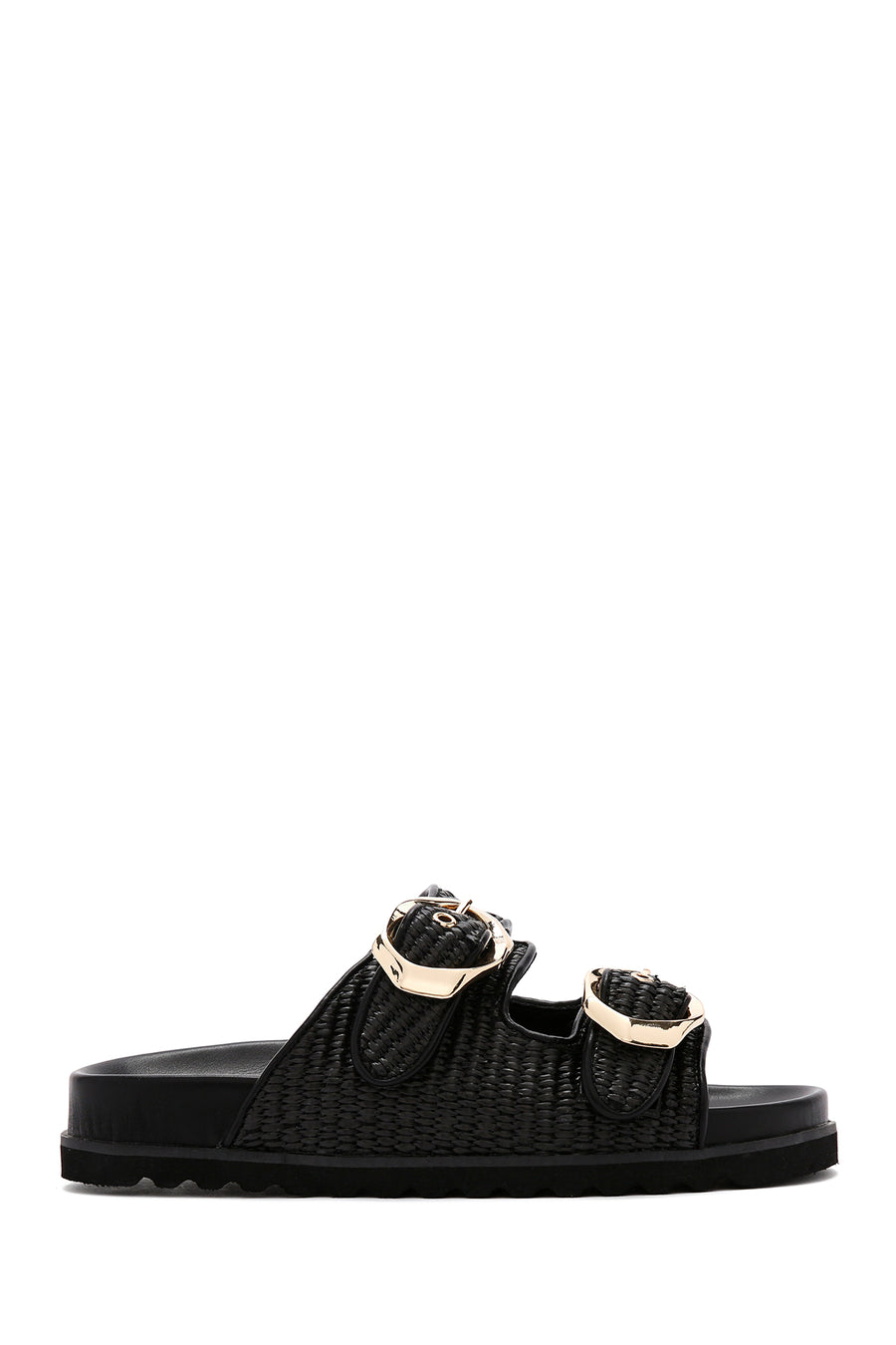 Women's Black Double Buckle Straw Slippers 26SFD4403M7 | Derimod
