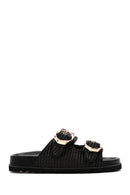 Women's Black Double Buckle Straw Slippers | Derimod