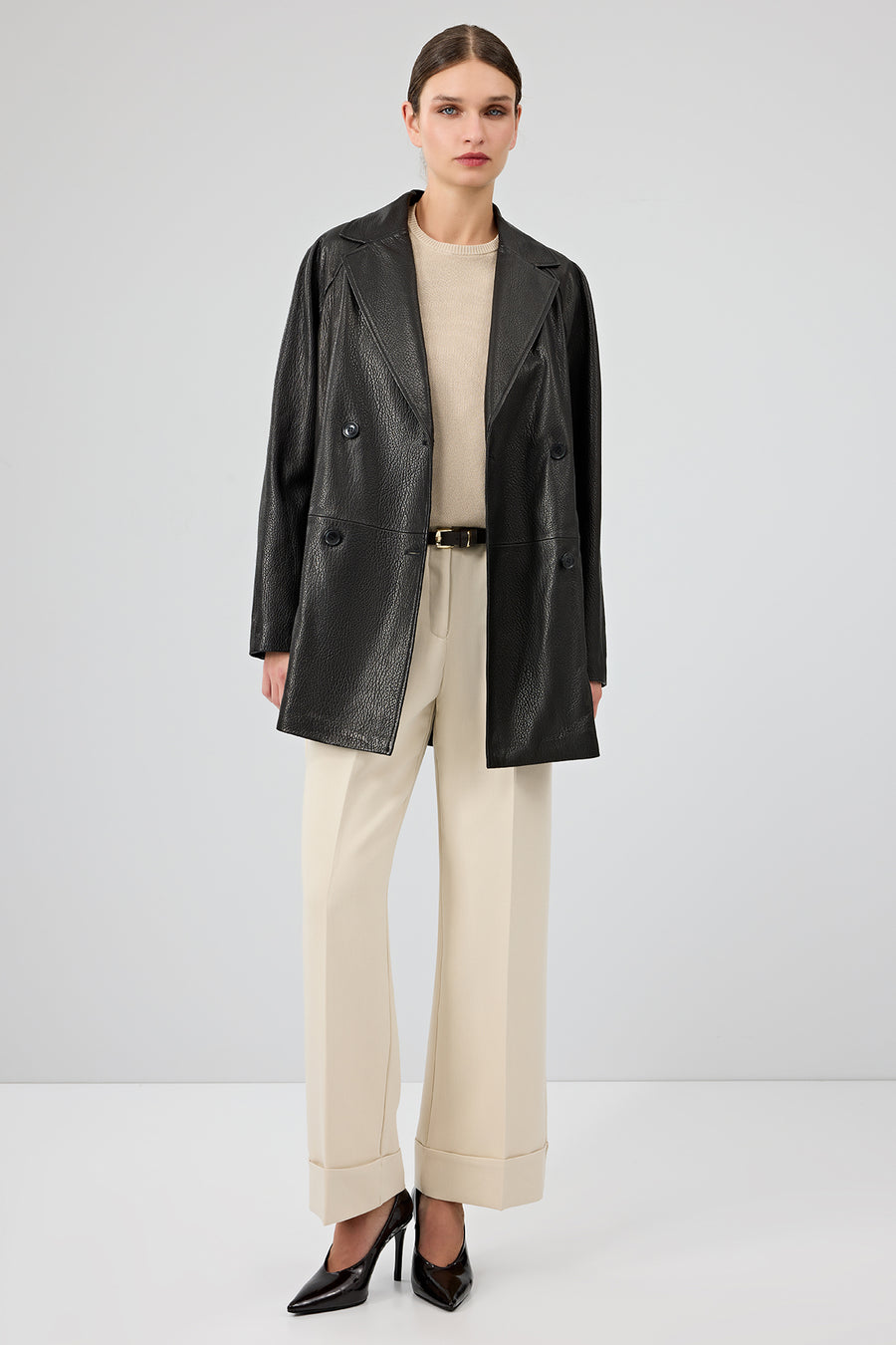 Wendy Women's Black Double Breasted Long Leather Jacket