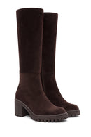 Women's Brown Zippered Chunky Heel Suede Leather Boots | Derimod