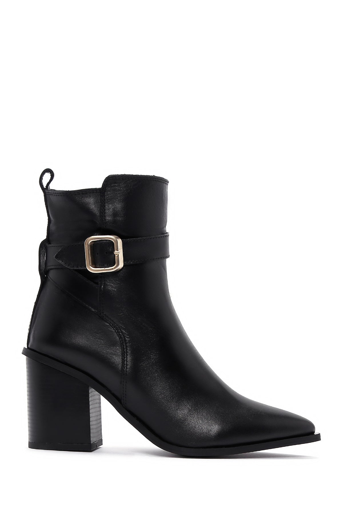 Women's Black Leather Heeled Buckle Boots 23WFD163418 | Derimod