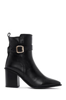 Women's Black Leather Heeled Buckle Boots | Derimod