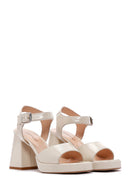 Women's Beige Patent Leather Thick Heeled Sandals | Derimod