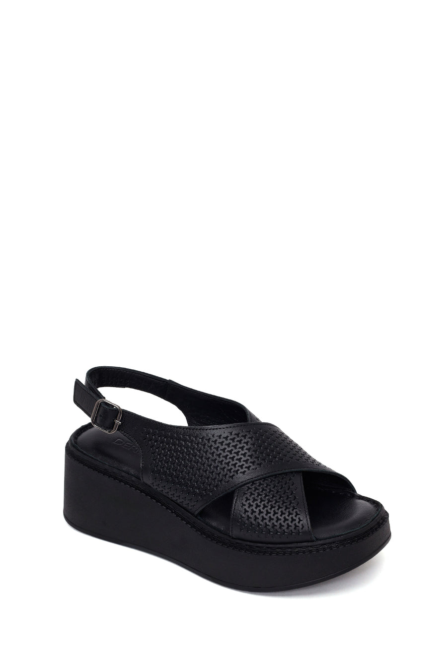 Woman Black Ankle-Buckle Wedge-Heel Leather Comfort Sandal