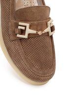 Women's Mink Suede Leather Comfort Loafer with Lace-up and Buckle | Derimod