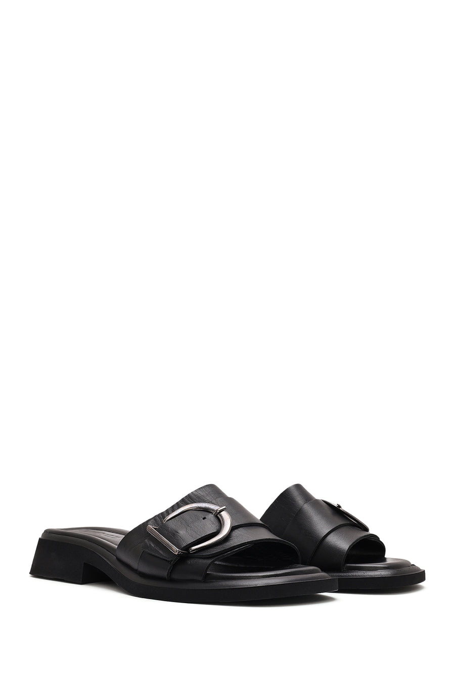 Women's Black Buckle Leather Slippers