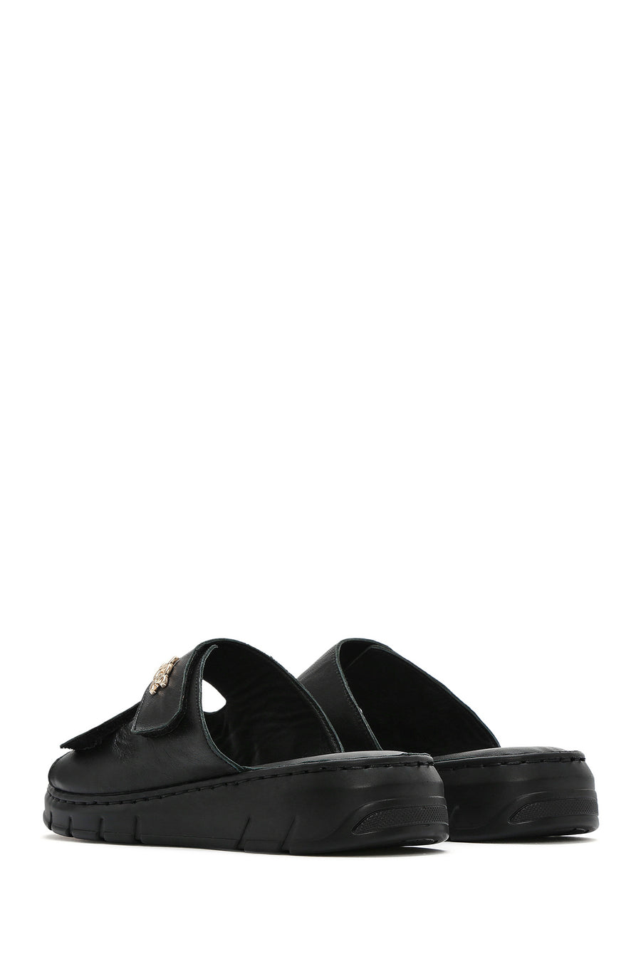 Women's Black Double-Striped Leather Comfort Slippers