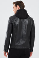 Sergio Men's Black Hooded Sports Leather Coat | Derimod