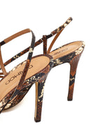 Women's Brown High Thin Heel Patterned Leather Sandals | Derimod