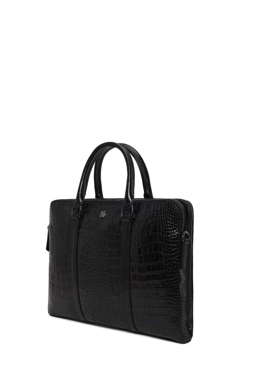 Unisex Black Long Strap Crocodile Pattern Leather Briefcase