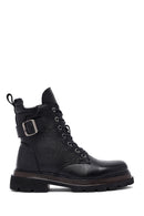 Woman Black Lace-Up Zip Closure Leather Combat Boots | Derimod