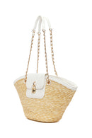 Woman Beige Chain Strap Wicker Shoulder Bag | Derimod