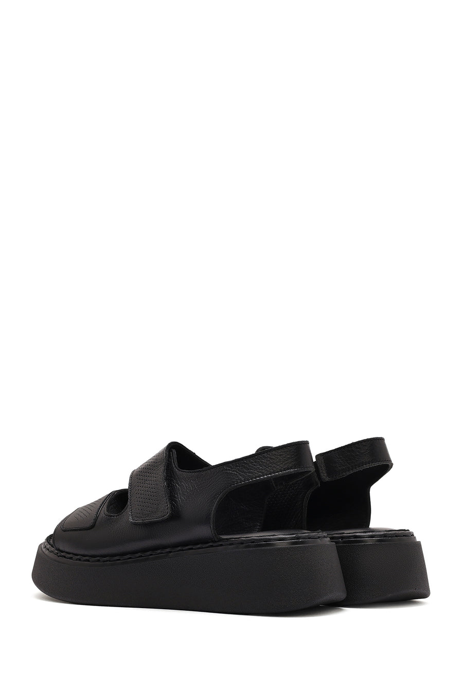 Women's Black Strappy Thick Soled Leather Comfort Sandals