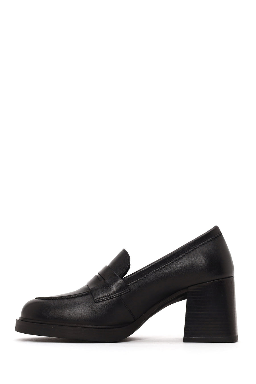 Woman Black Chunky-Heeled Leather Masculine Loafer