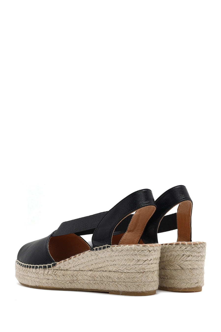 Women's Black Wedge Heeled Leather Espadrille Sandals